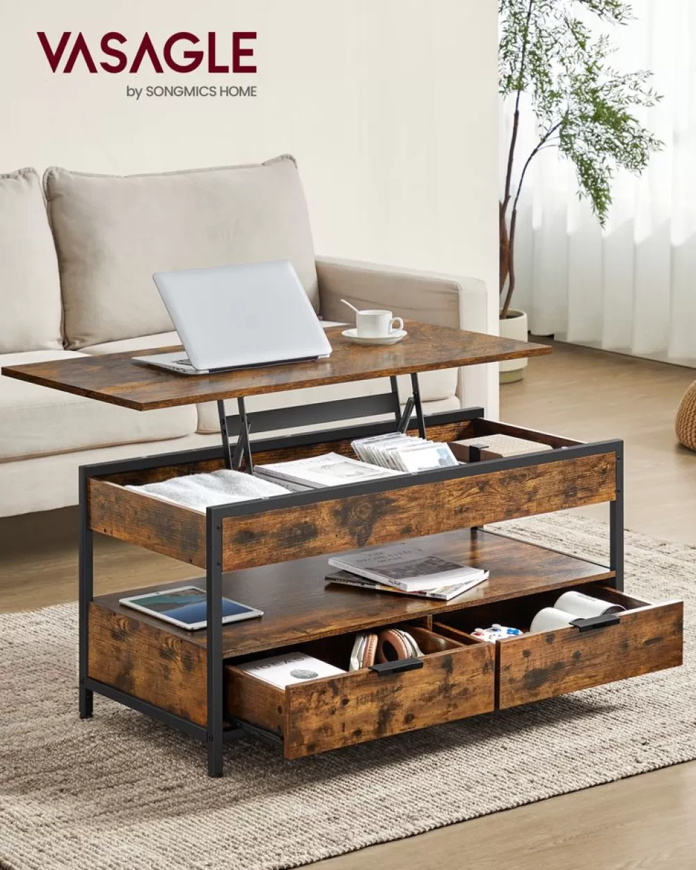 Clearance SONGMICS Couchtisch mit Schubladen vintagebraun-tintenschwarz
