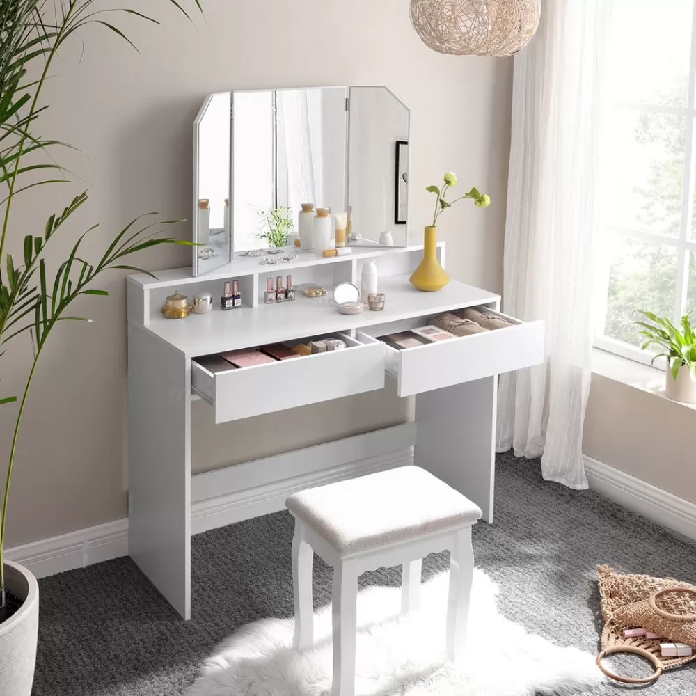 frisiertisch_mit_klappspiegel_und__schubladen_wei_3.webp Best SONGMICS Frisiertisch mit Klappspiegel und 2 Schubladen Weiß