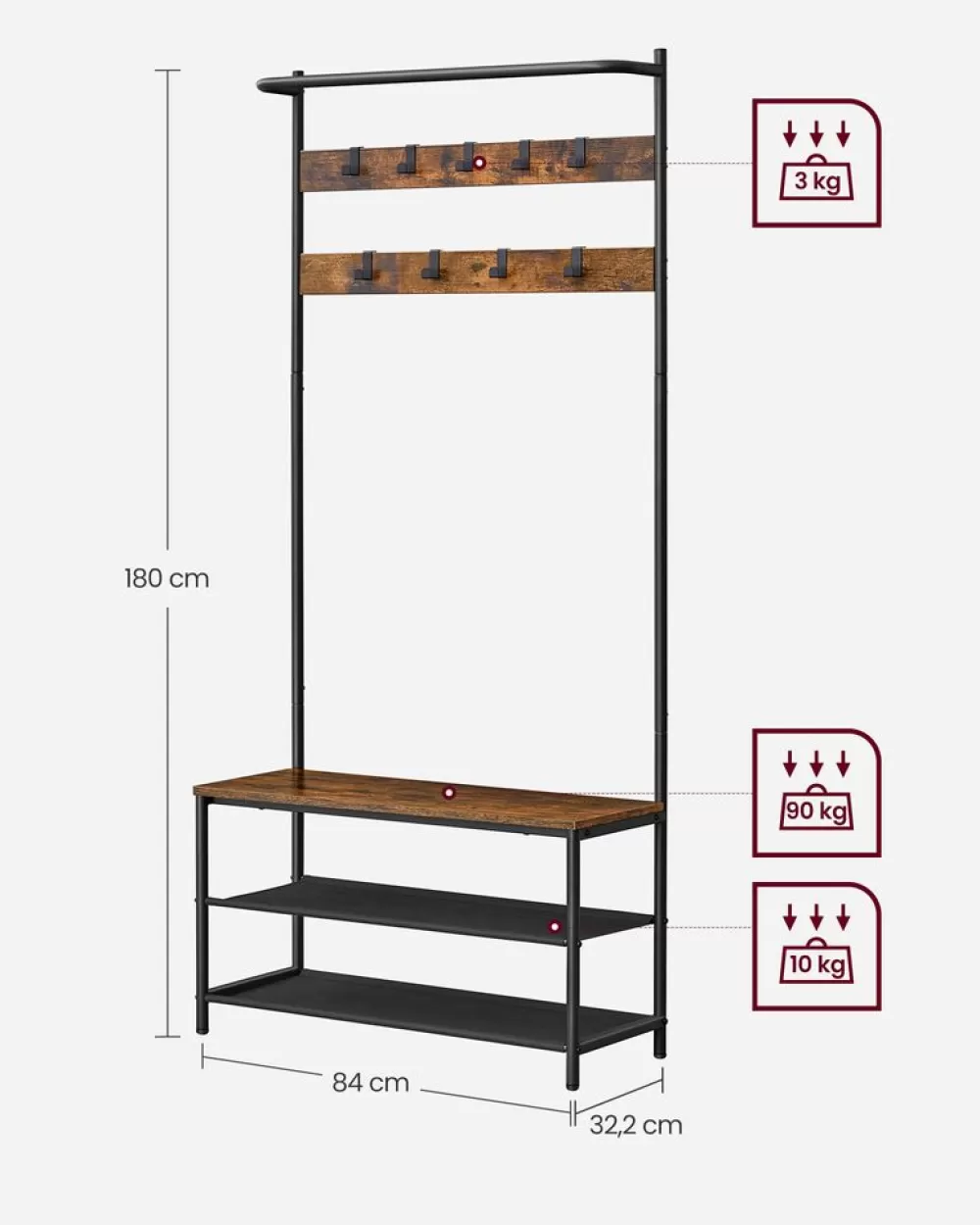 Fashion SONGMICS Garderobe mit Schuhbank Industrie-Stil Vintagebraun-Schwarz