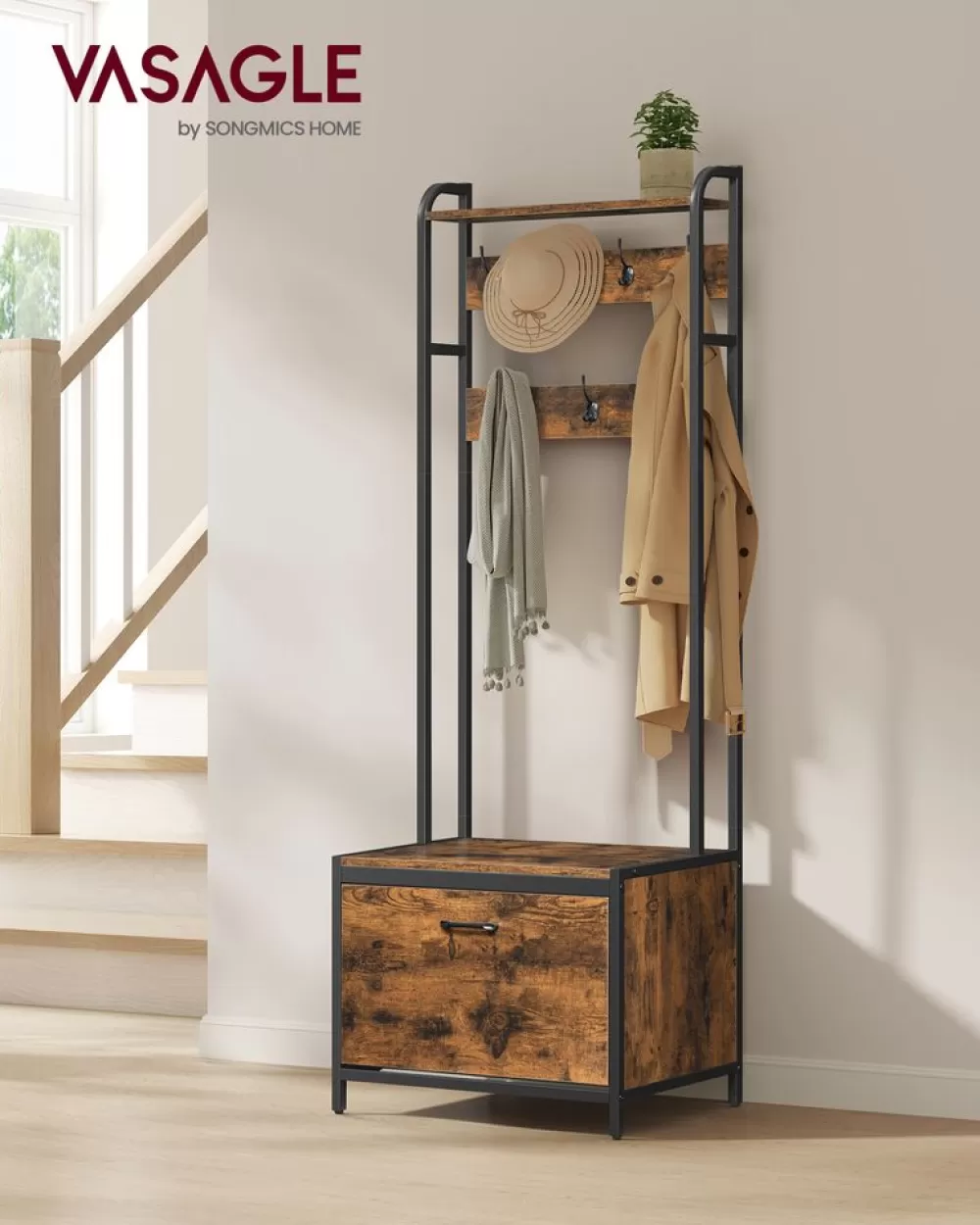 Best SONGMICS Garderobenständer mit Schuhschrank Vintagebraun-Schwarz