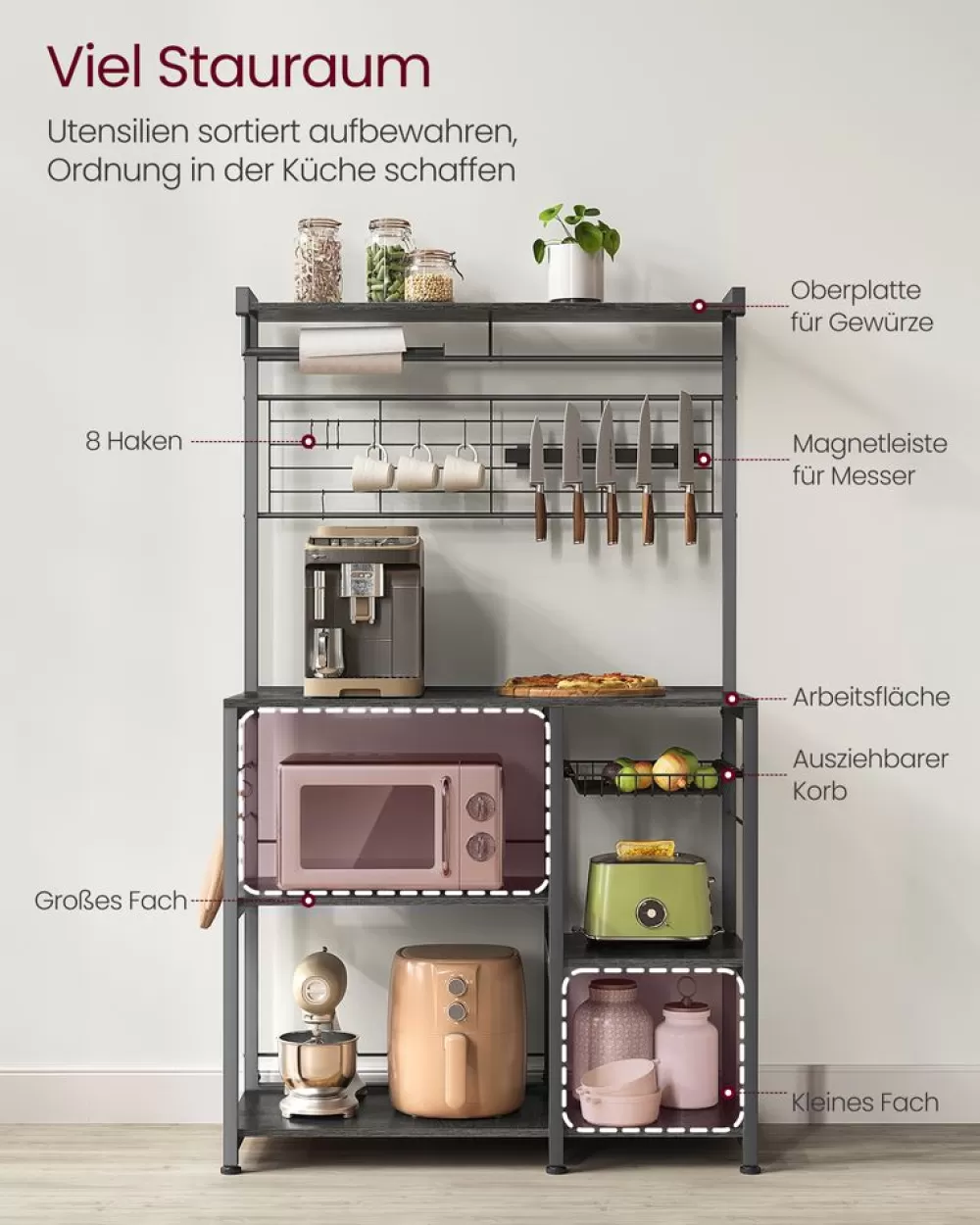 Best SONGMICS Küchenregal mit Magnetleiste für Messer und 12 Haken vintagebraun-schwarz