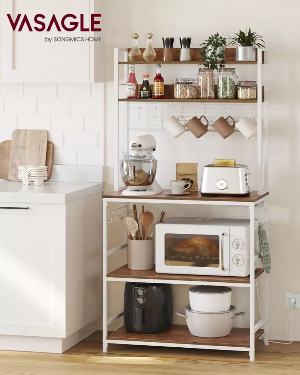 Clearance SONGMICS Küchenregal mit Steckdosen und Gitterplatte vintagebraun-schwarz