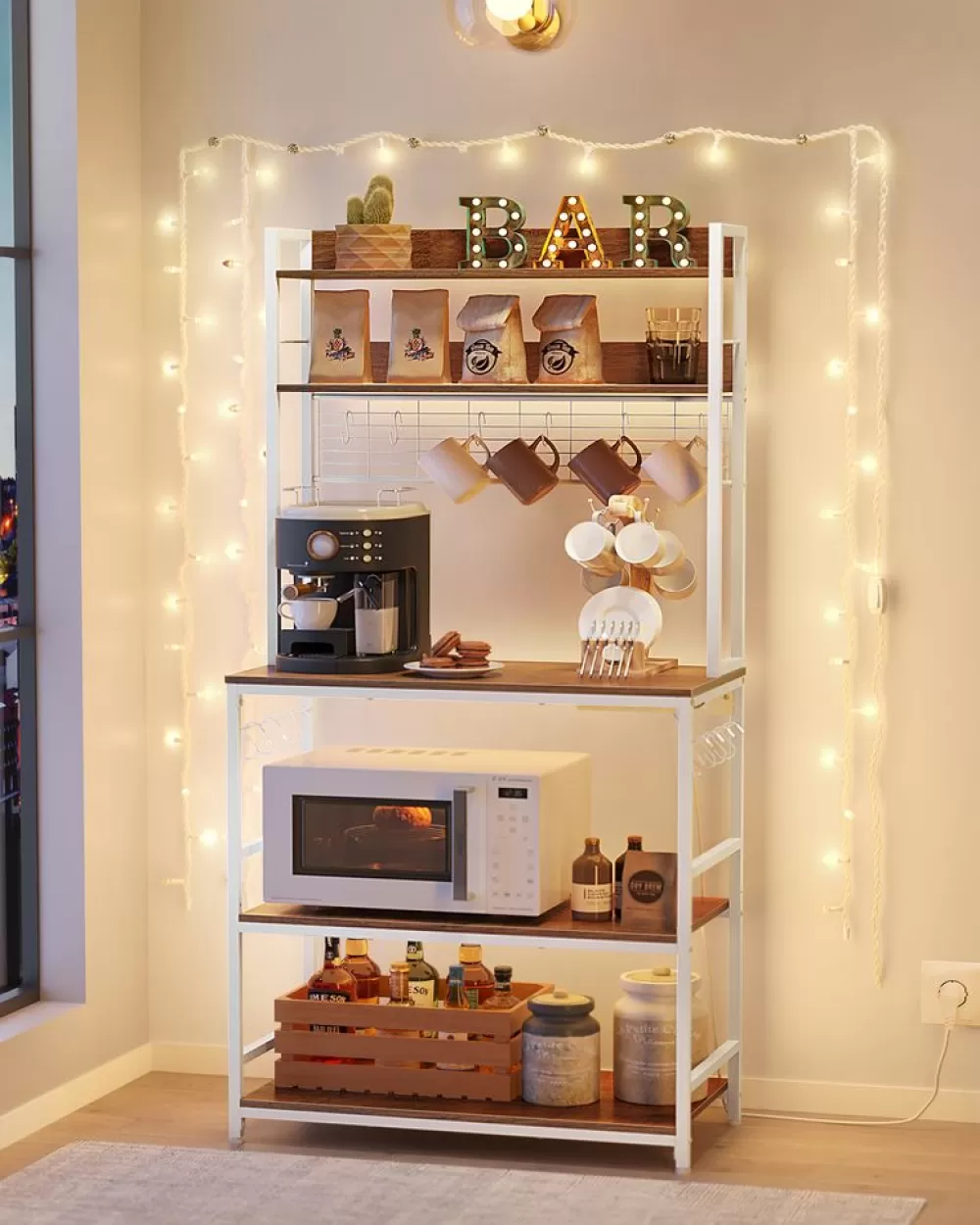 Clearance SONGMICS Küchenregal mit Steckdosen und Gitterplatte vintagebraun-schwarz