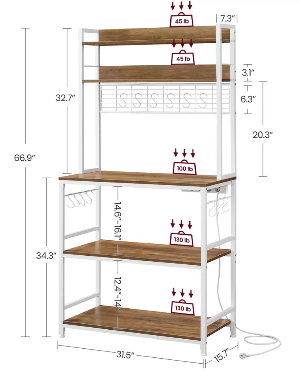 Clearance SONGMICS Küchenregal mit Steckdosen und Gitterplatte vintagebraun-schwarz