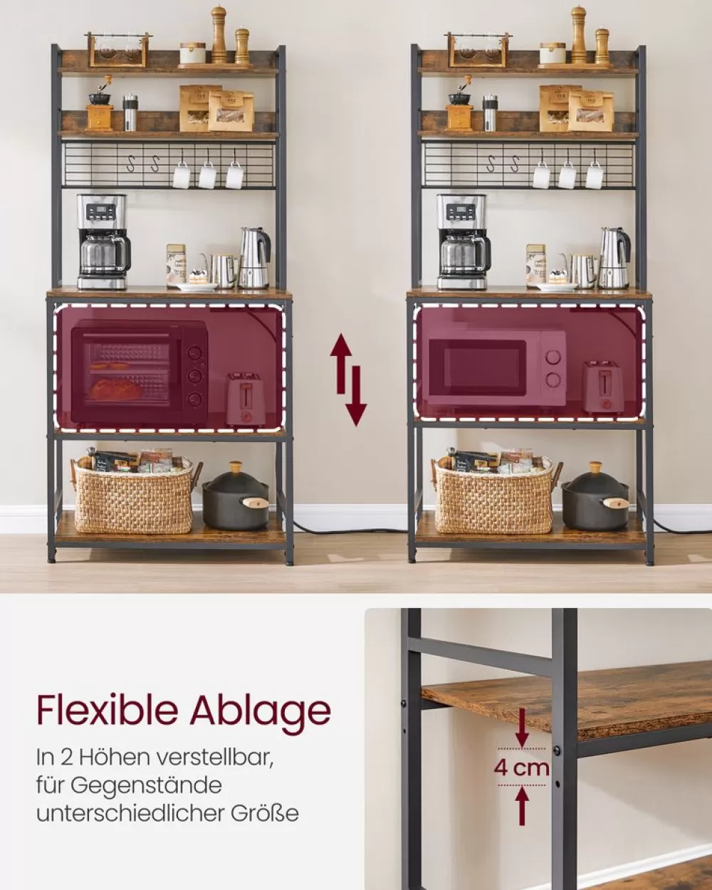 Clearance SONGMICS Küchenregal mit Steckdosen und Gitterplatte vintagebraun-schwarz