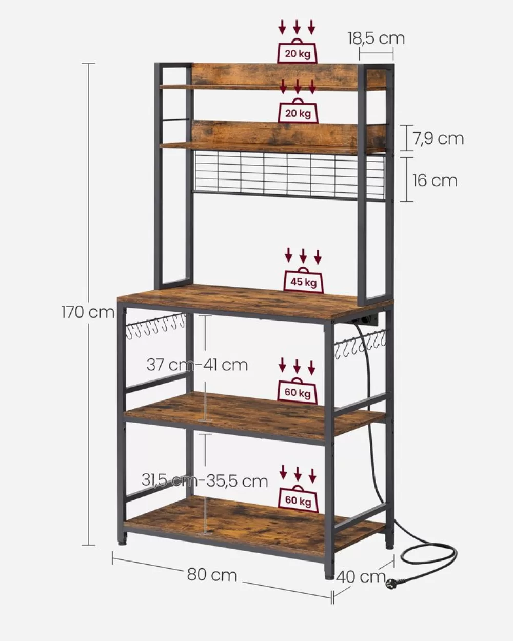 Clearance SONGMICS Küchenregal mit Steckdosen und Gitterplatte vintagebraun-schwarz