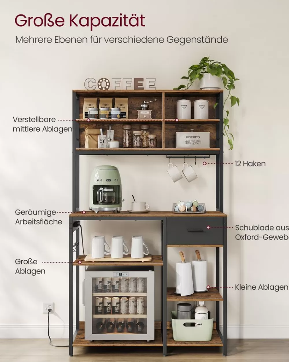 Cheap SONGMICS Küchenregal mit Steckdosen und verstellbaren Ablagen vintagebraun-tintenschwarz
