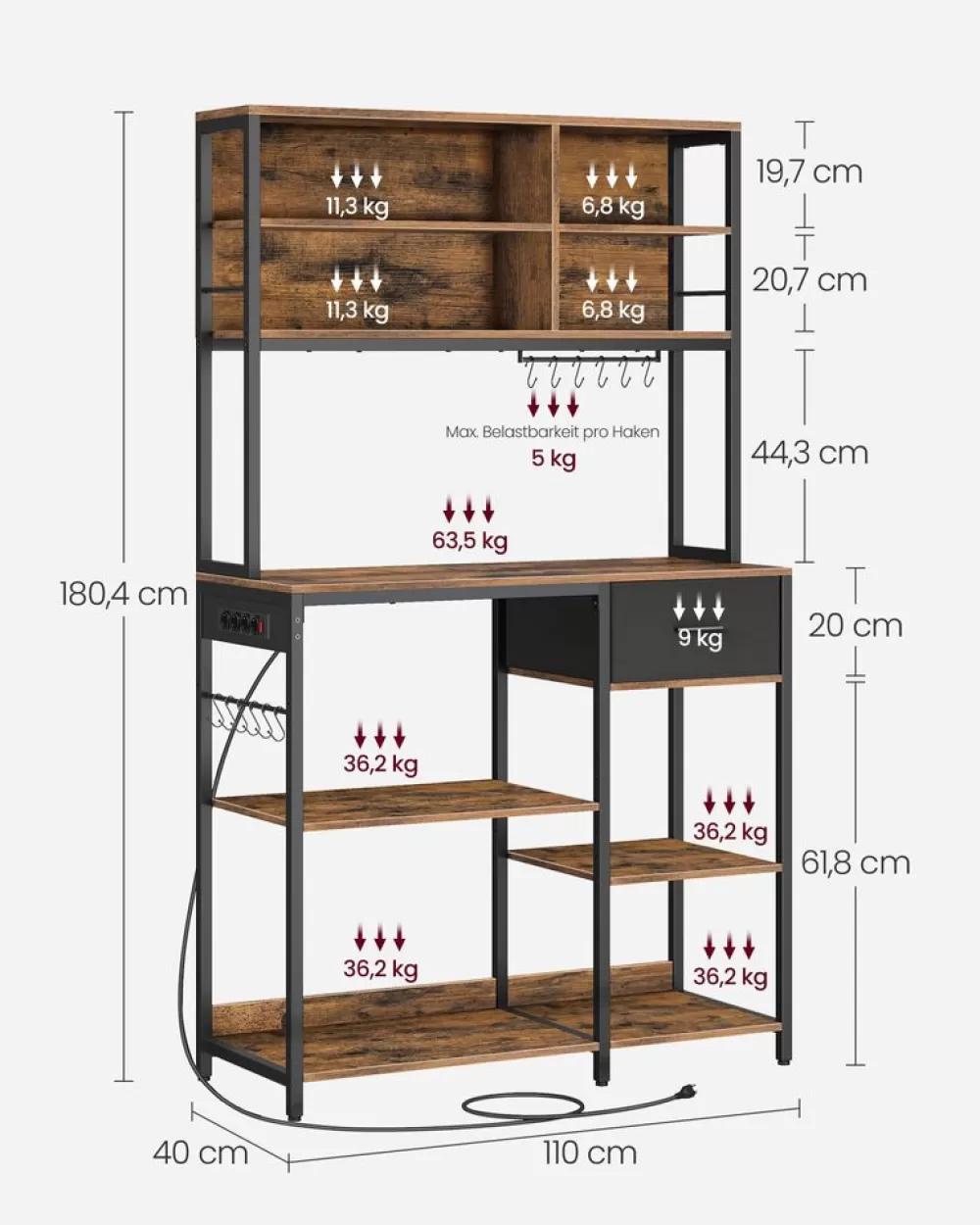 Cheap SONGMICS Küchenregal mit Steckdosen und verstellbaren Ablagen vintagebraun-tintenschwarz