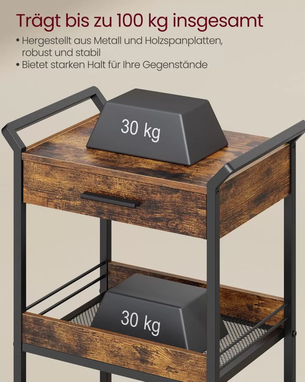 Best SONGMICS Küchenwagen mit 3 Ebenen und Rollen vintagebraun-tintenschwarz