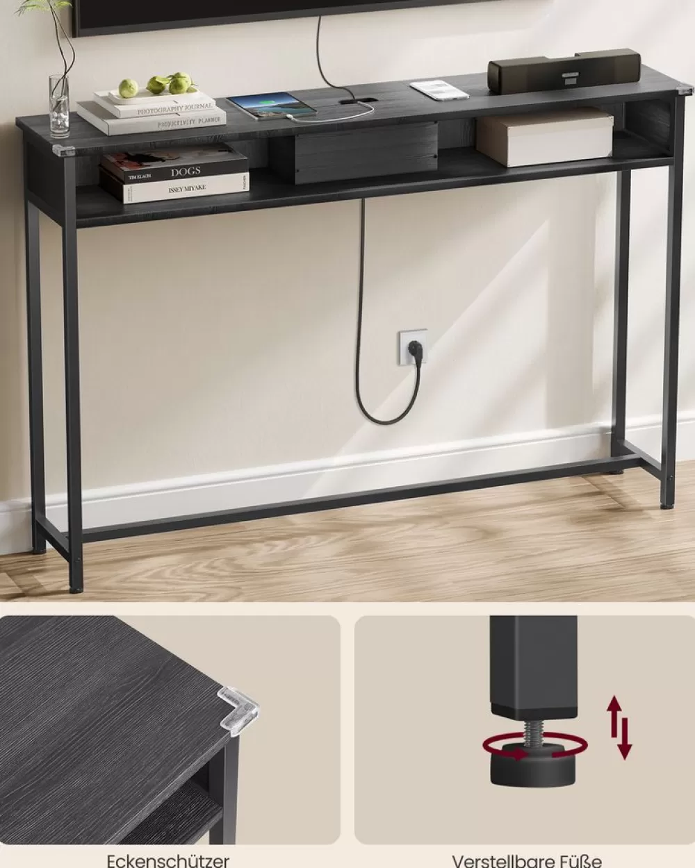 New SONGMICS Konsolentisch mit Steckdosen platzsparend vintagebraun-tintenschwarz
