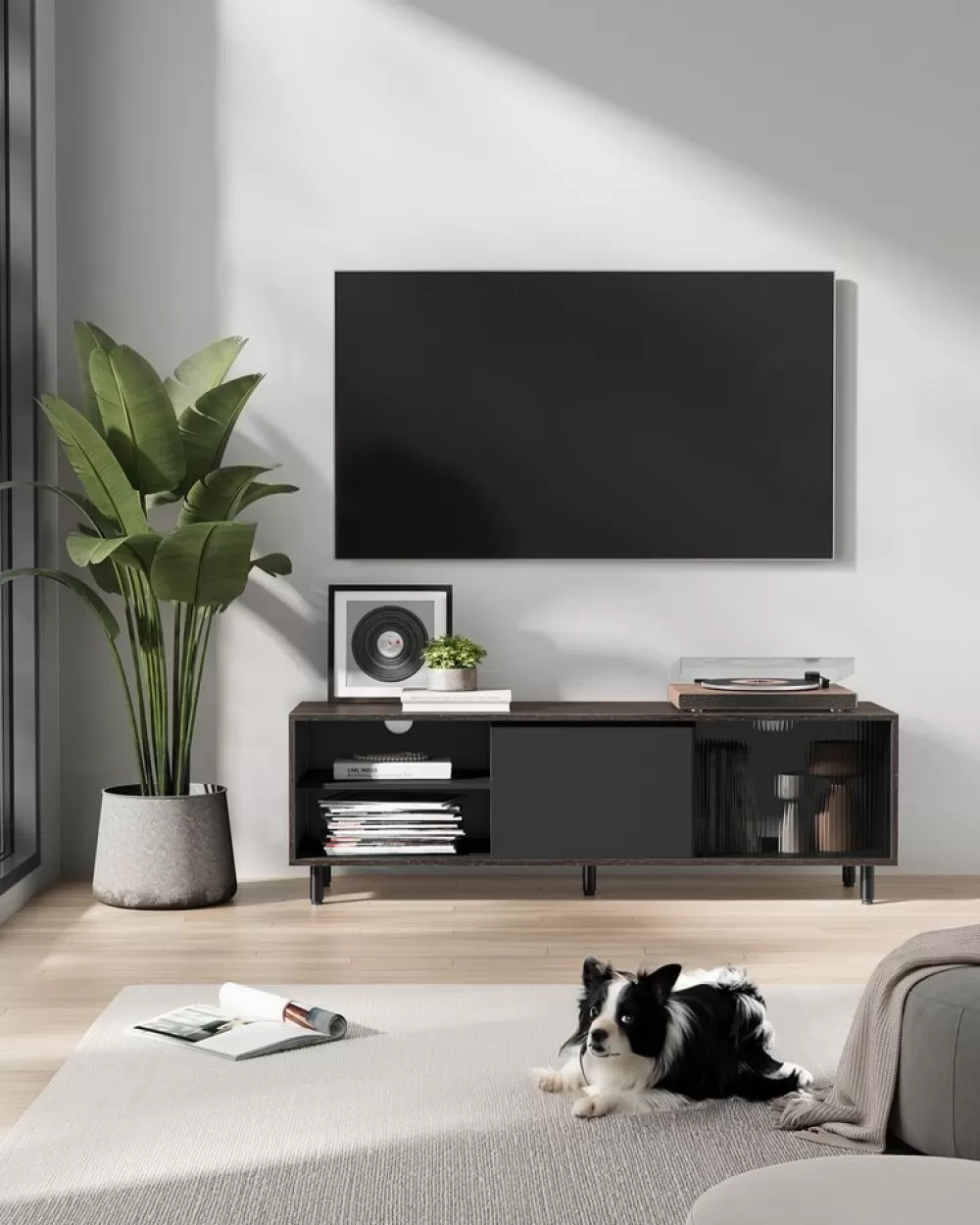 Store SONGMICS TV-Schrank superschnelle Montage modern aschbraun-tintenschwarz