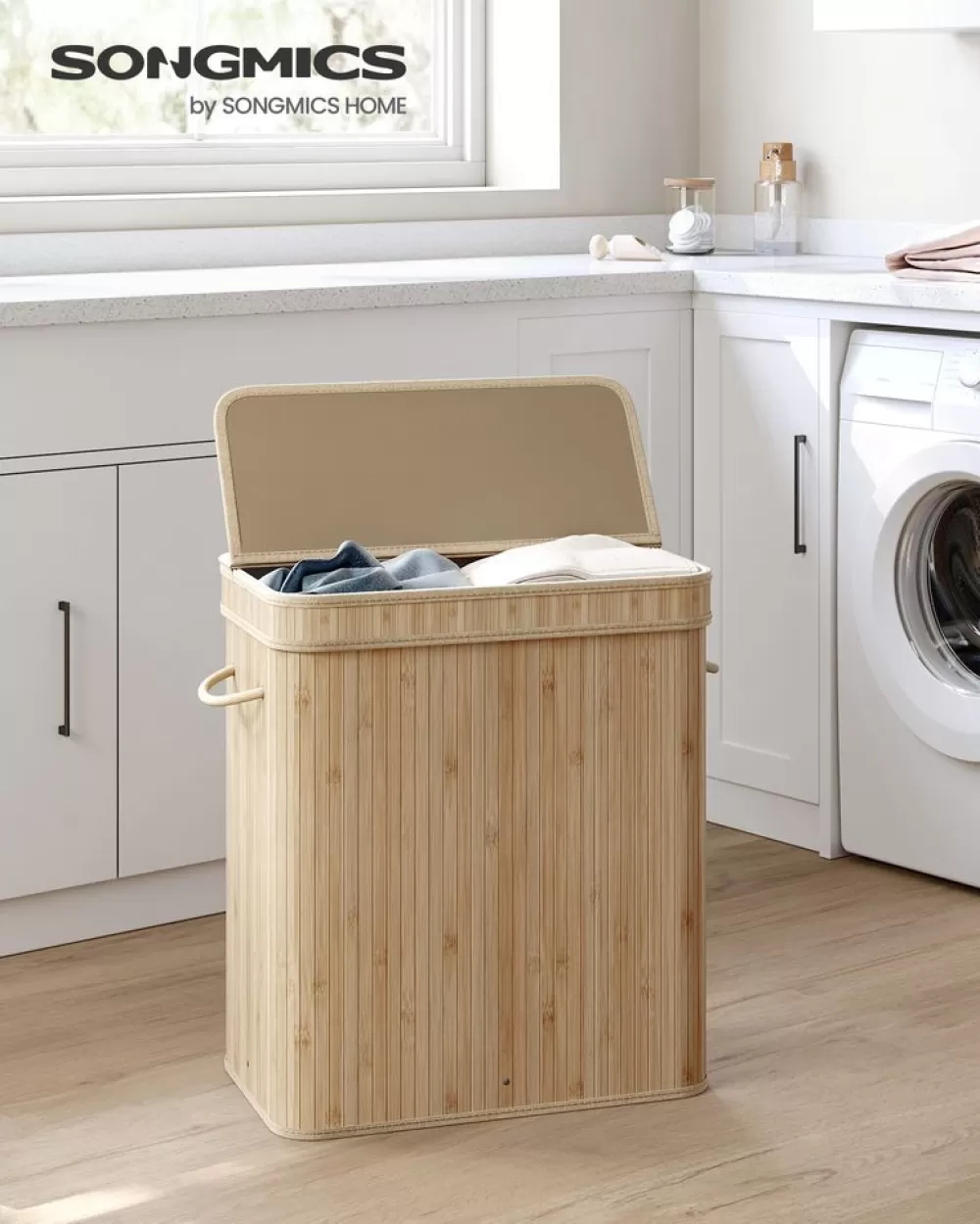 Outlet SONGMICS Wäschekorb 100 Liter aus Bambus mit Deckel und Griffen naturfarben