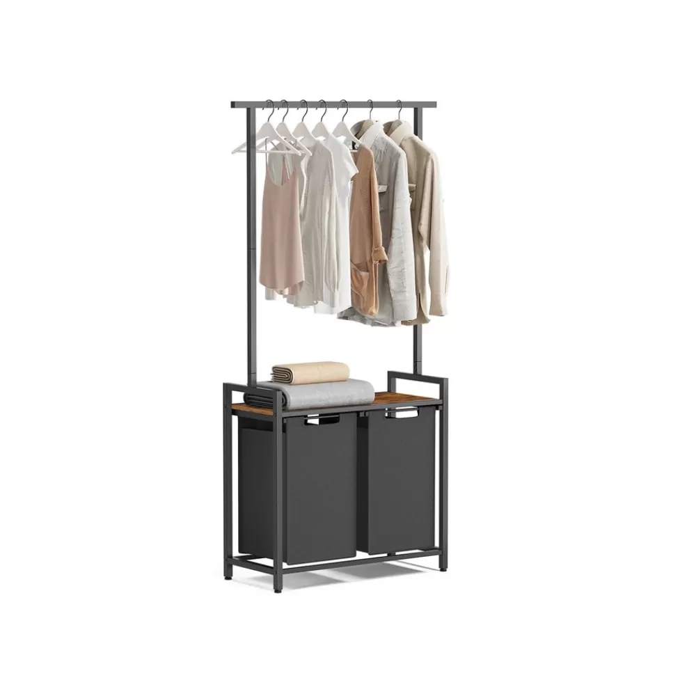 Best Sale SONGMICS Wäschekorb 2 x 46 Liter mit Kleiderstange und Ablage 73 x 33 x 177 cm
