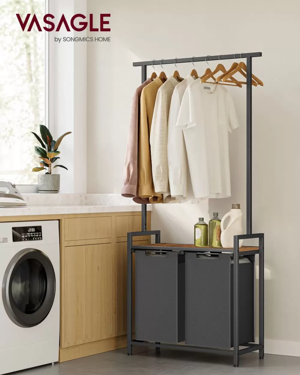 Best Sale SONGMICS Wäschekorb 2 x 46 Liter mit Kleiderstange und Ablage 73 x 33 x 177 cm