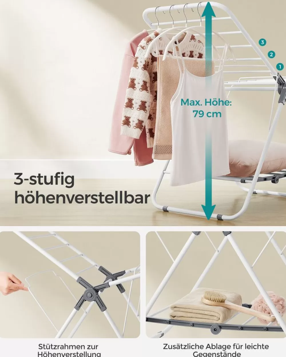 wschestnder_mit__flgeln_aus_metall_taubengrau_10.webp Best Sale SONGMICS Wäscheständer mit 2 Flügeln aus Metall taubengrau