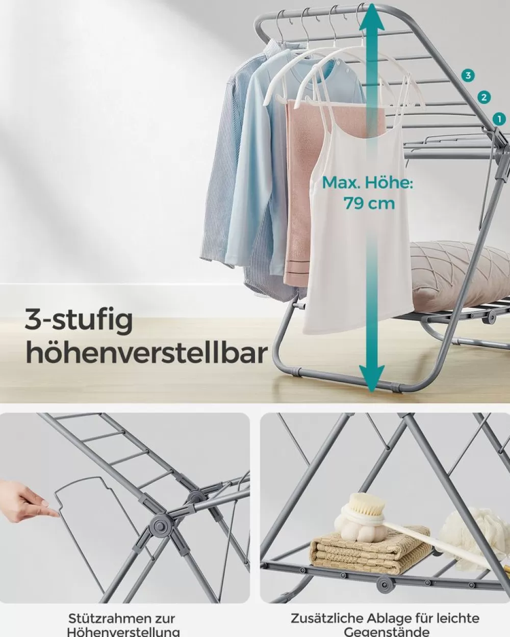 wschestnder_mit__flgeln_aus_metall_taubengrau_3.webp Best Sale SONGMICS Wäscheständer mit 2 Flügeln aus Metall taubengrau