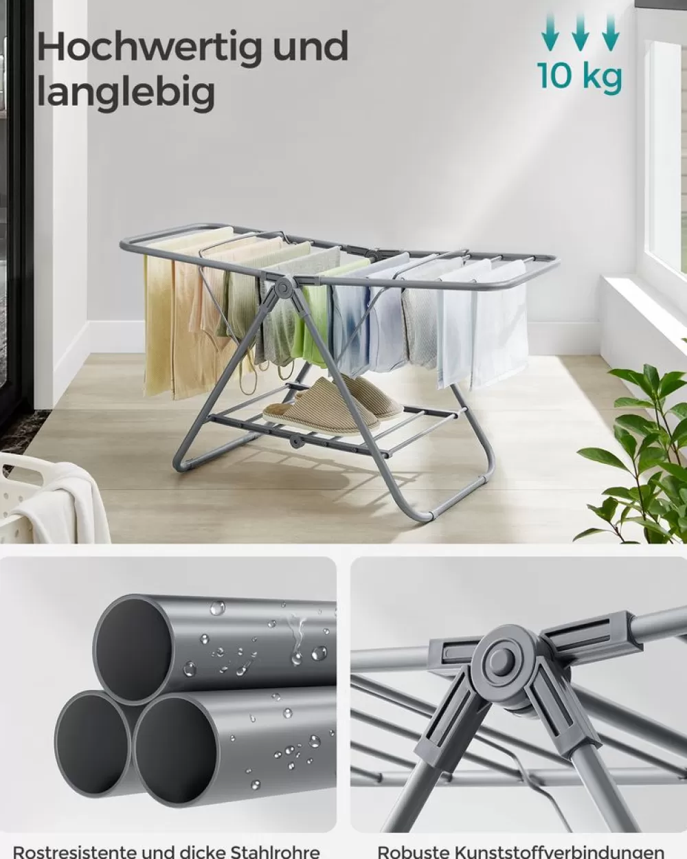 wschestnder_mit__flgeln_aus_metall_taubengrau_5.webp Best Sale SONGMICS Wäscheständer mit 2 Flügeln aus Metall taubengrau